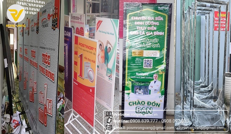 Thiết kế Quảng Cáo Rồng Vàng sản xuất Standee chân sắt cố định 2 mặt thay AW.